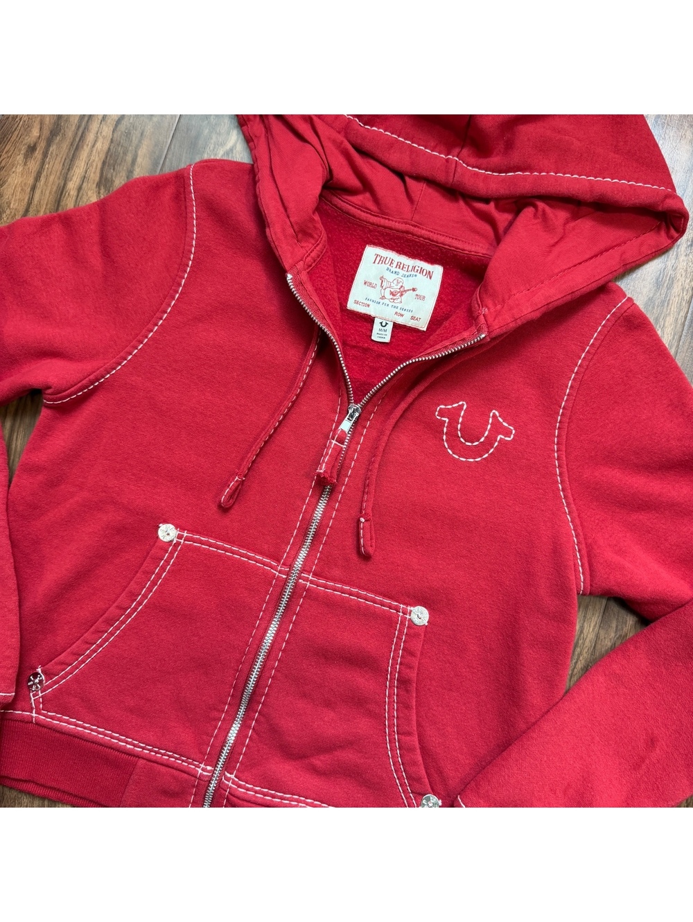 Vintage Y2K True Religion Big T World Tour Zip Hoodie Red M Contrast Stitch